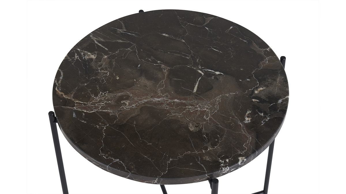 Tavolino da caff rotondo design in marmo marrone e metallo nero D42 cm SARDA