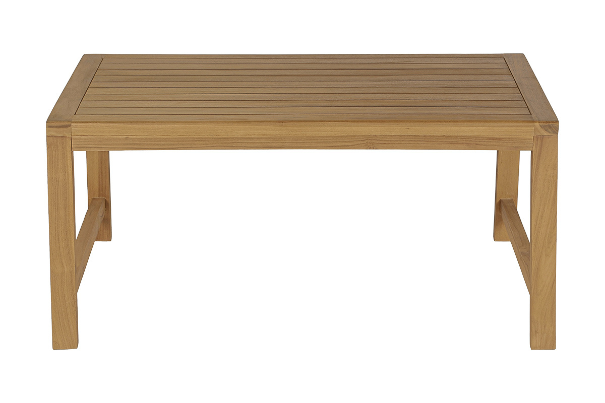 Tavolino basso rettangolare in teak massello da 100 cm, vista frontale, dal design naturale ed elegante.