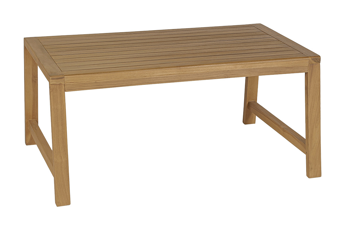 Tavolino da giardino rettangolare in teak massiccio, vista a tre quarti, dimensioni 100x70x45 cm.