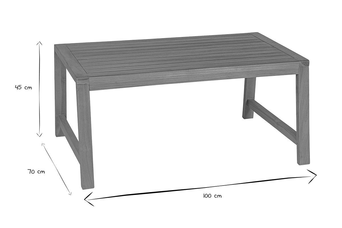 Dimensioni del tavolino rettangolare in teak massiccio: 100 cm x 70 cm x 45 cm in bianco e nero.