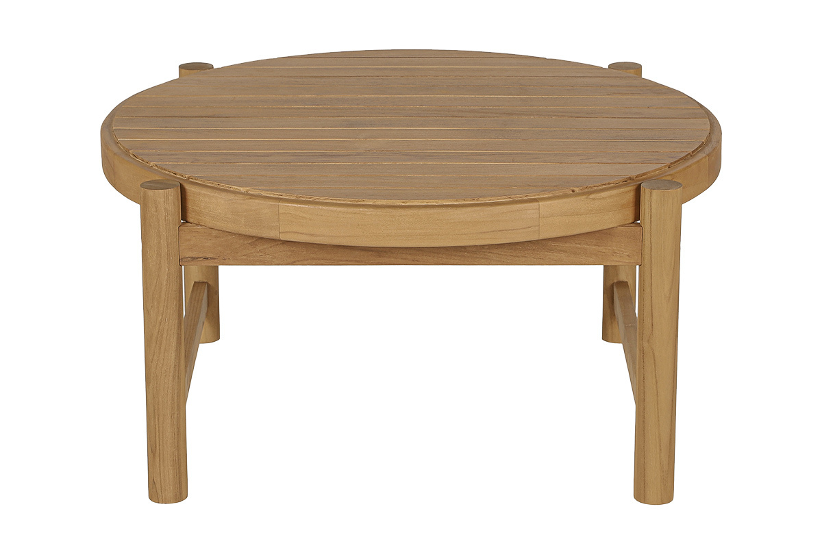 Tavolino basso rotondo in legno di teak massiccio, 80 cm di diametro, vista di profilo
