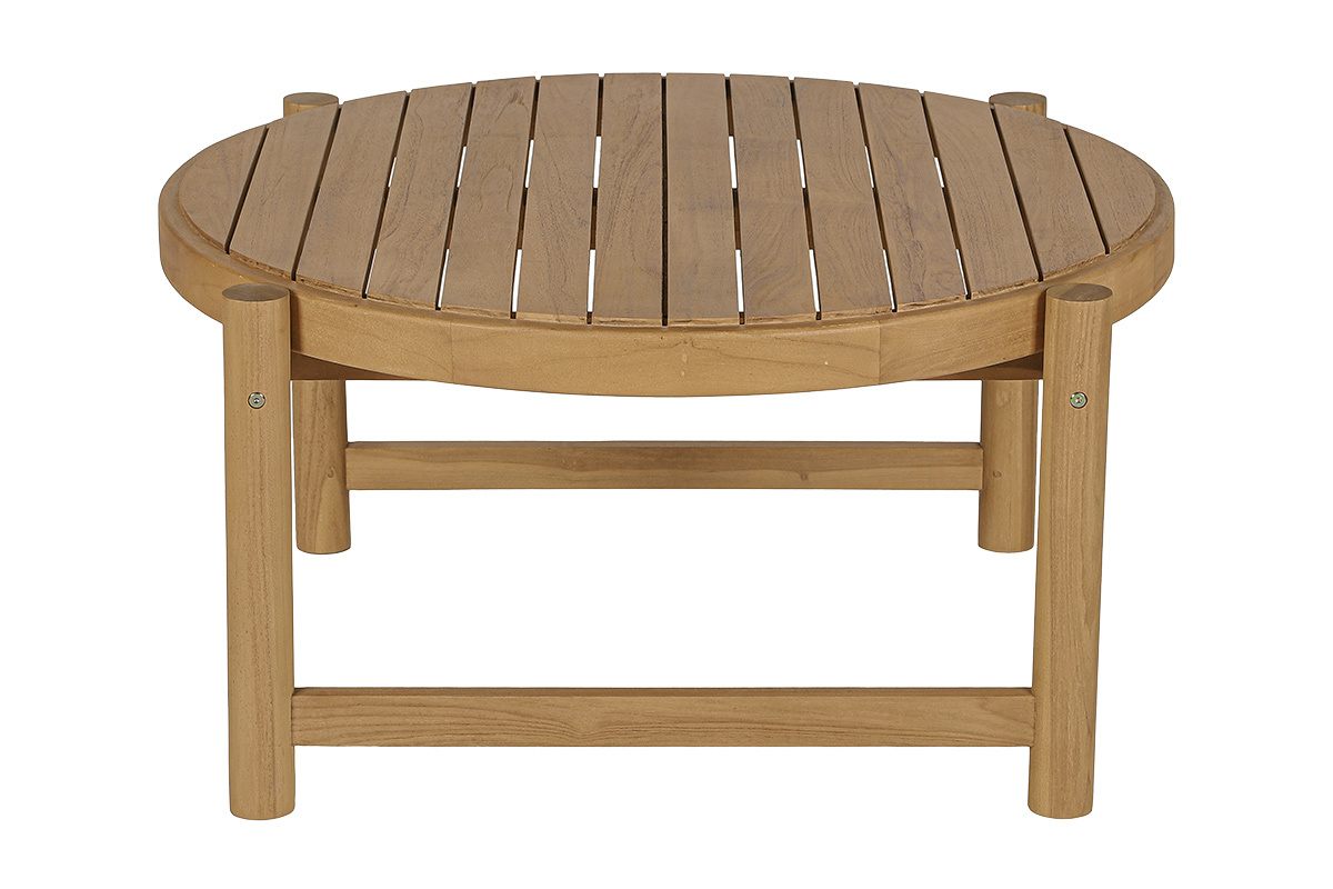Tavolino da giardino rotondo in teak massiccio, vista frontale, D80 cm, gambe rotonde.