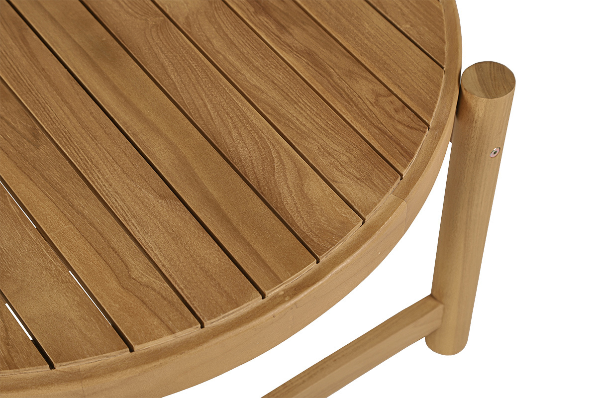 Tavolino basso rotondo in teak massiccio, piano circolare con doghe, vista dall'alto