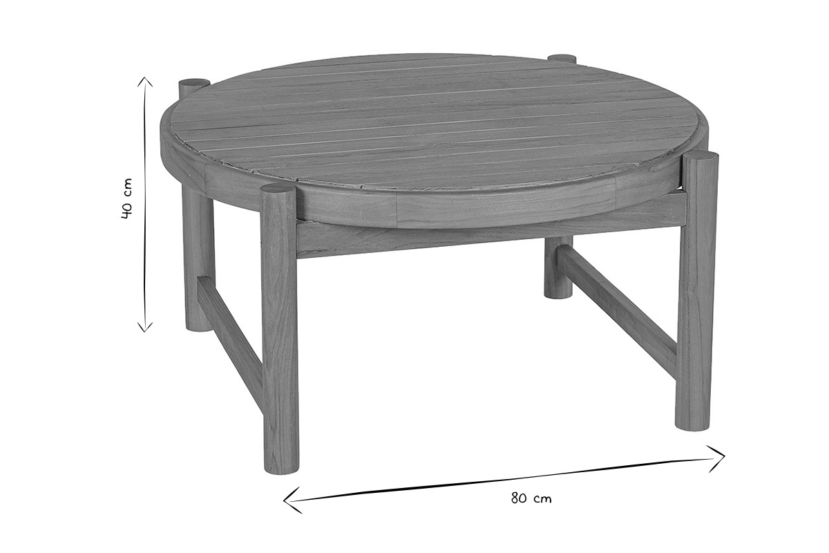 Dimensioni del tavolino rotondo MOANA in teak massello, 80 cm di diametro e 40 cm di altezza, in bianco e nero.