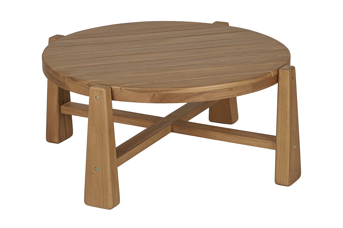 Tavolino da giardino rotondo in teak massiccio, diametro 82 cm, vista in tre quarti.