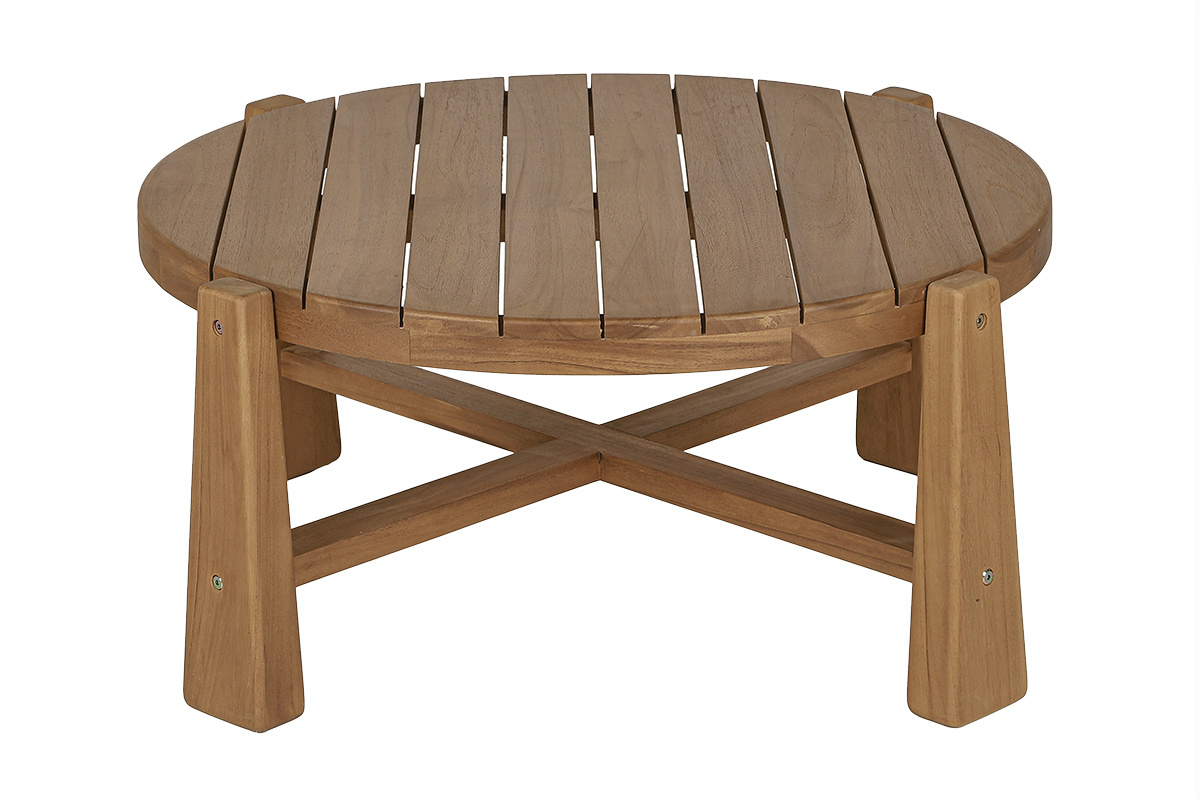 Tavolino rotondo in teak massiccio da 82 cm, vista frontale, con gambe a croce e piano a doghe.