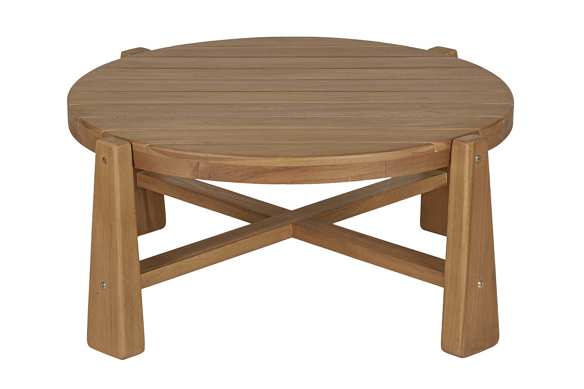 Tavolino basso rotondo in teak massello con gambe triangolari, vista laterale