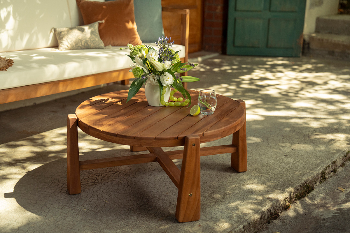 Tavolino da giardino rotondo in legno massello di teak D82 cm CAROLINA