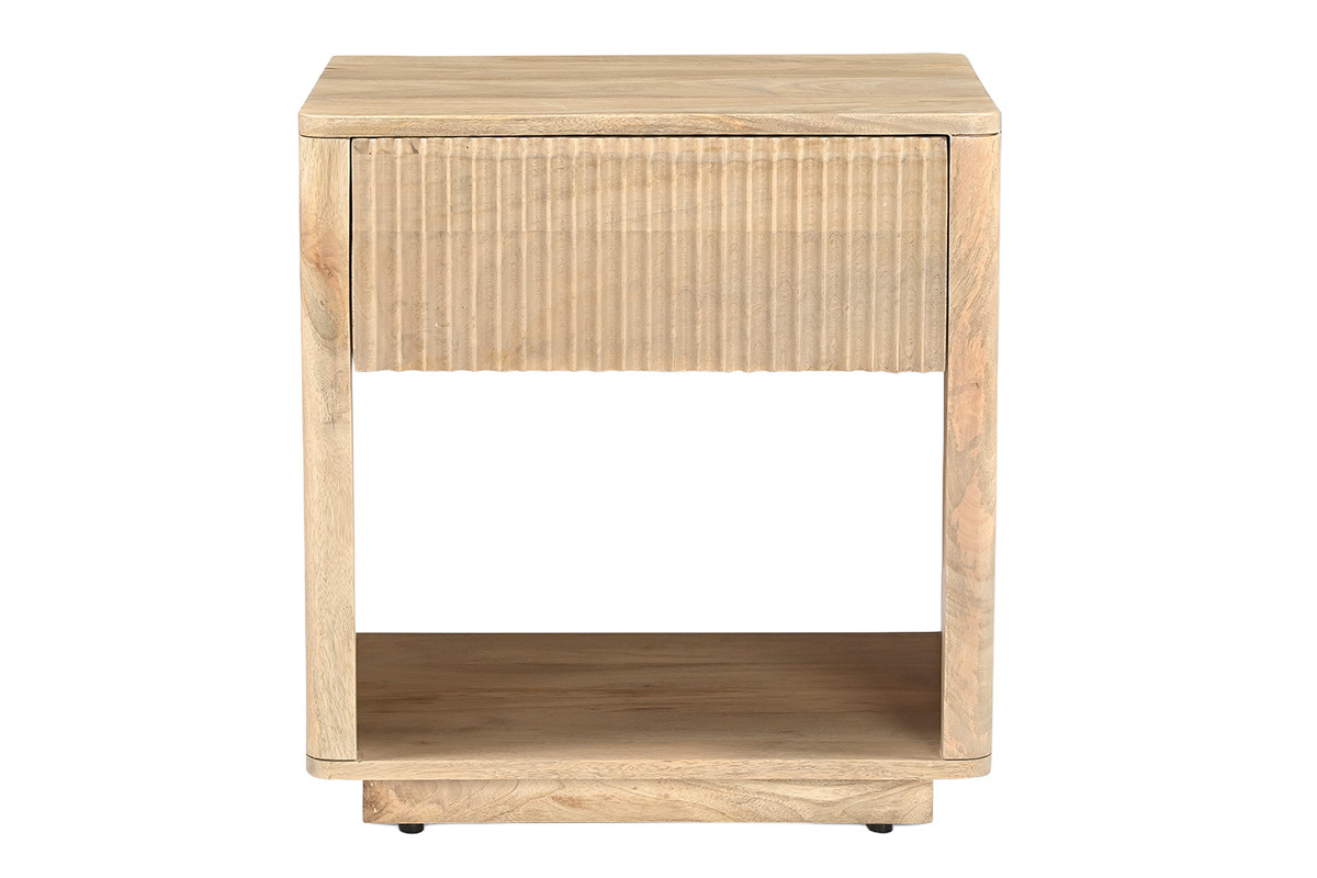 Comodino ALDA in legno chiaro, vista frontale, con cassetto e nicchia aperta.