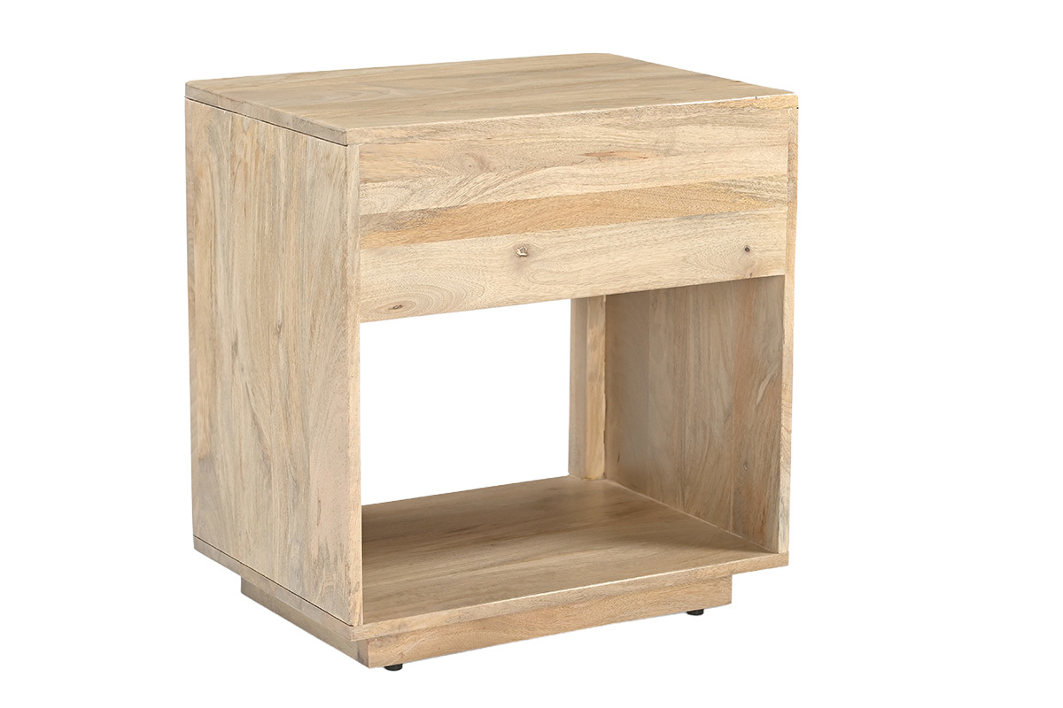 Comodino in legno chiaro di mango massello con cassetto e nicchia aperta, vista laterale posteriore.