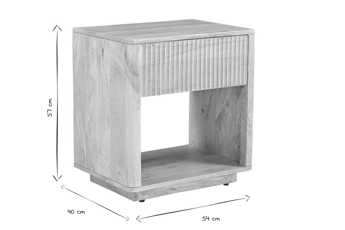 Dimensioni del comodino ALDA: L54 x P40 x H57 cm, vista a tre quarti