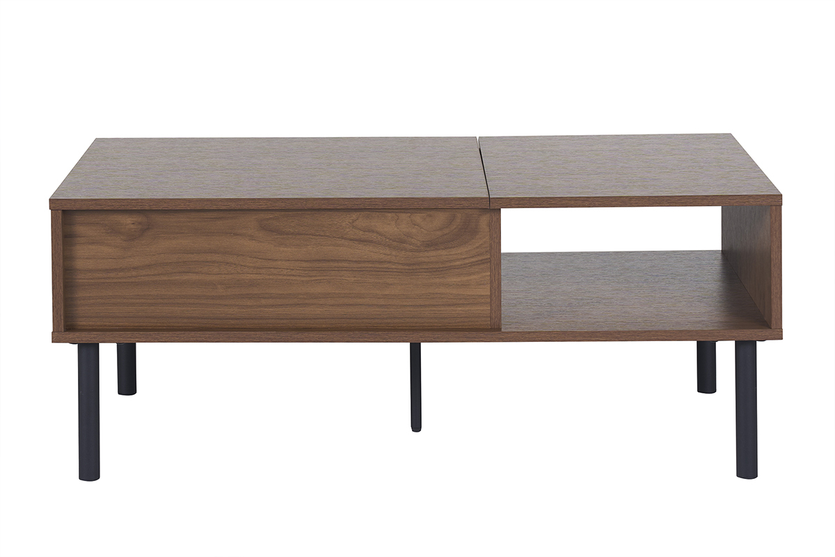 Tavolino rettangolare in noce scuro e metallo nero con nicchia aperta, vista frontale.