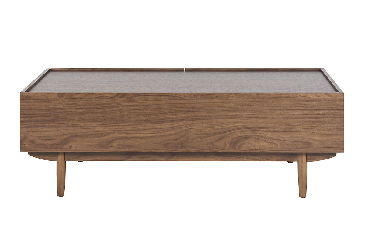 Tavolino basso rettangolare in legno di noce vista da dietro, gambe arrotondate.