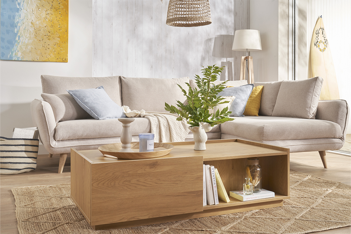 Tavolino da salotto con ripiani finitura legno chiaro rovere 2 cassetti L120 cm MADERO