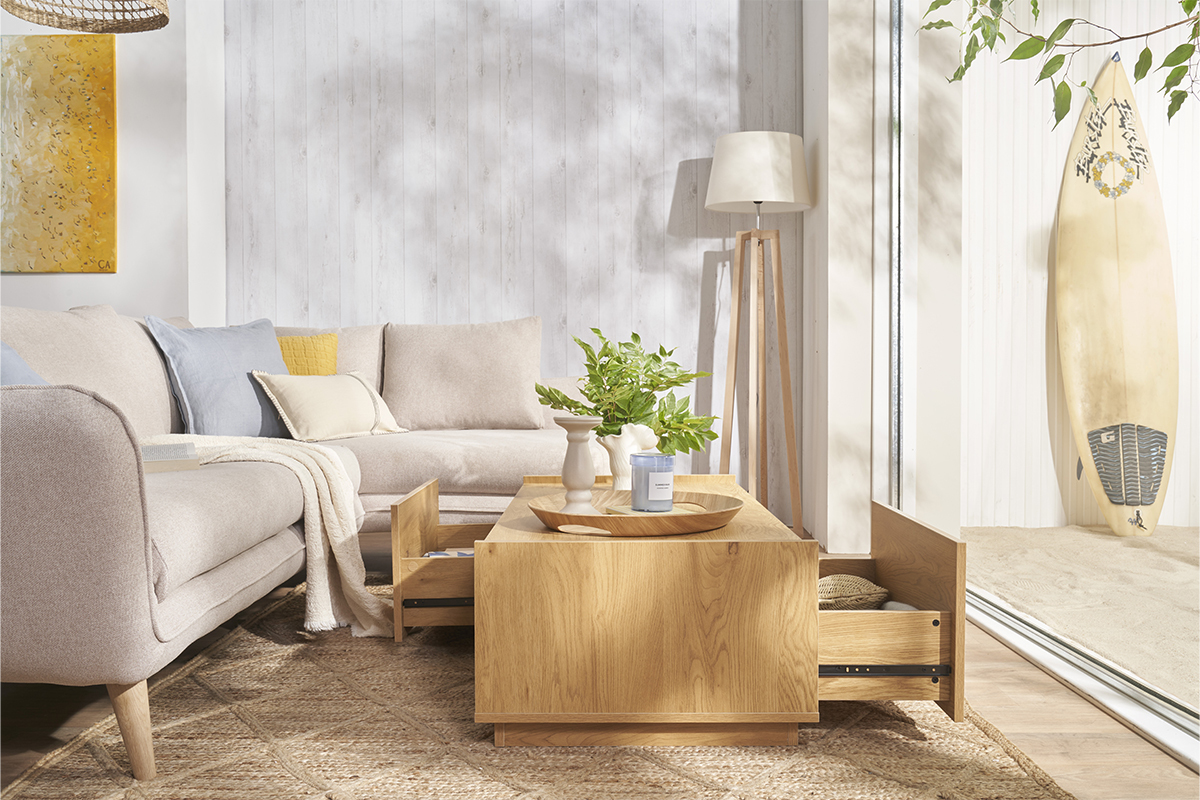 Tavolino da salotto con ripiani finitura legno chiaro rovere 2 cassetti L120 cm MADERO