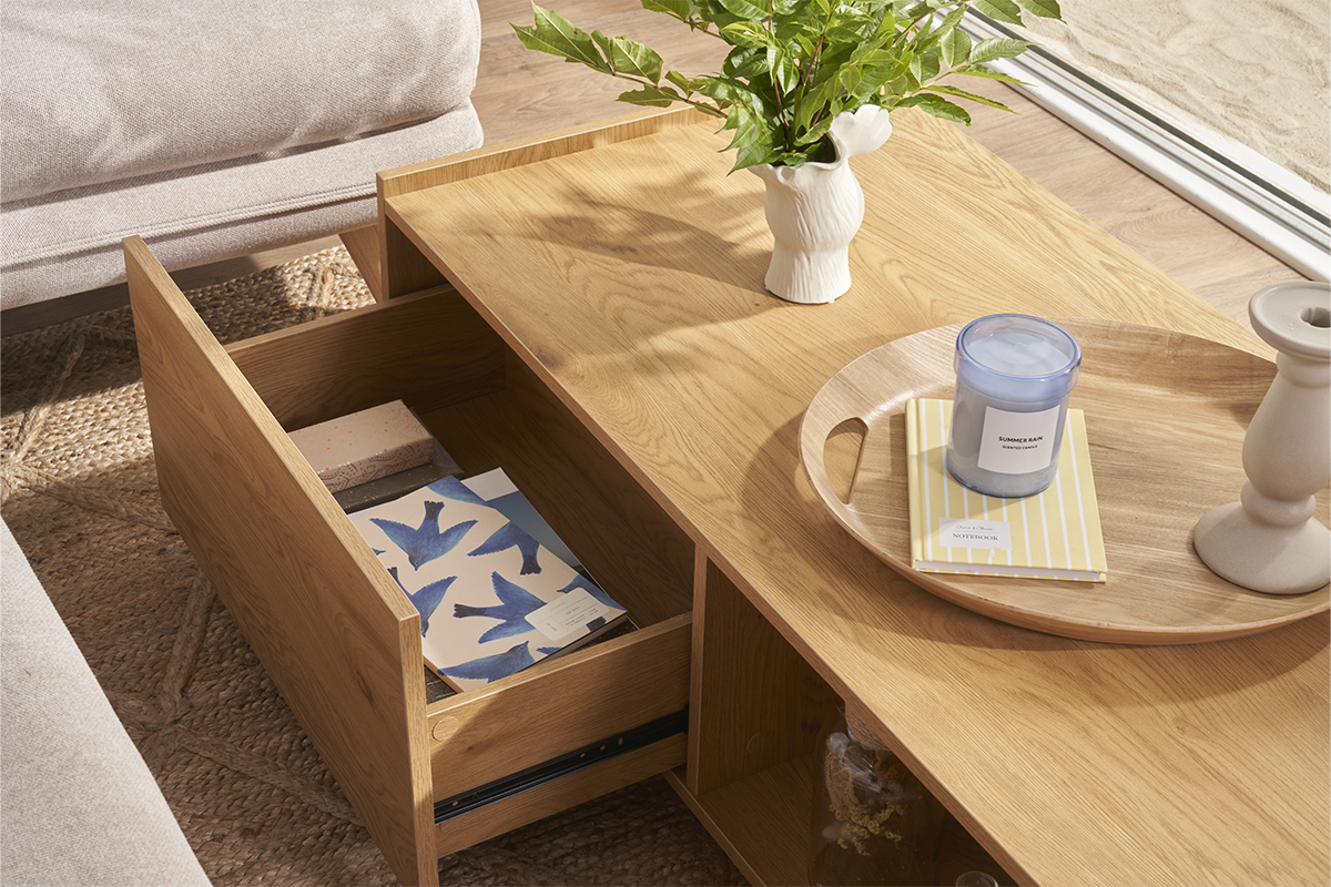 Tavolino da salotto con ripiani finitura legno chiaro rovere 2 cassetti L120 cm MADERO