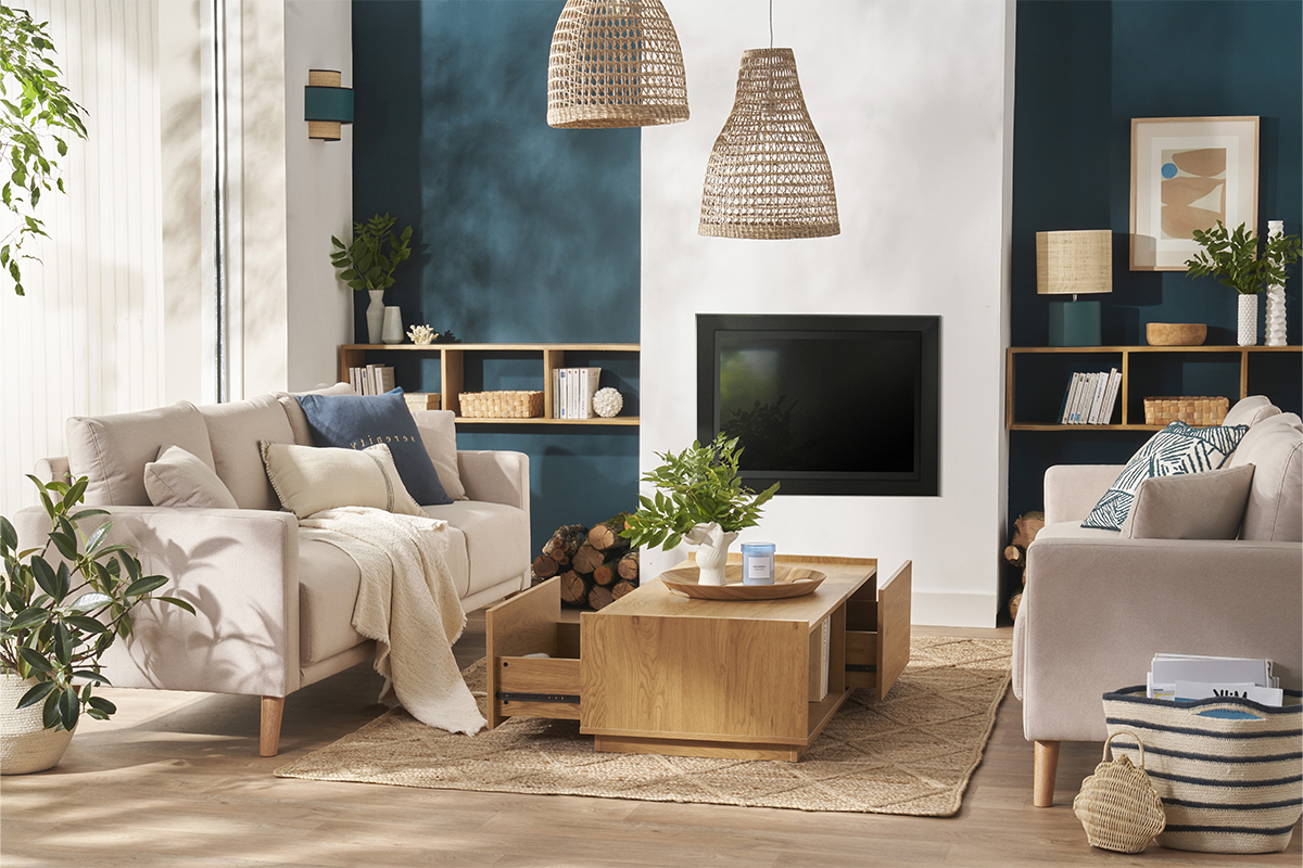 Tavolino da salotto con ripiani finitura legno chiaro rovere 2 cassetti L120 cm MADERO