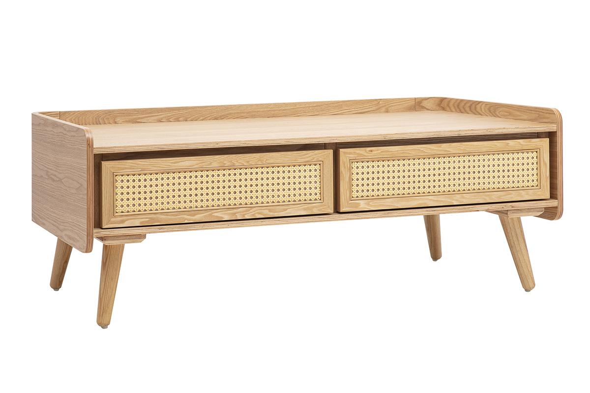 Tavolino basso rettangolare in legno chiaro di frassino con due cassetti in cannage di rattan, vista a 3/4.