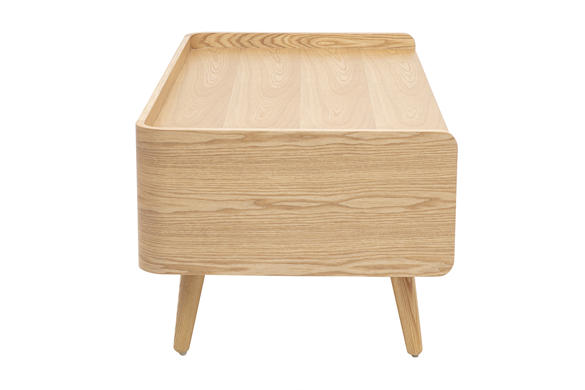 Tavolino rettangolare in legno chiaro di frassino con vani contenitori e intreccio in rattan, vista posteriore.