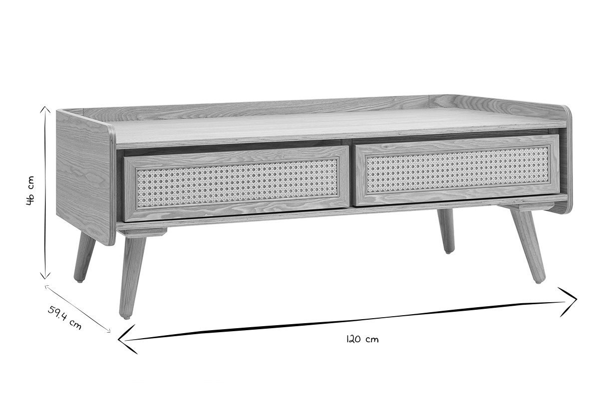 Dimensioni del tavolino ELSY: L120 cm, H46 cm, P59.4 cm, in nero e bianco.