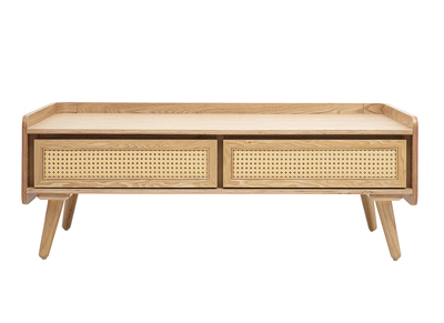 Tavolino da salotto con vani contenitori in legno chiaro frassino e cannage in rattan L120 cm ELSY