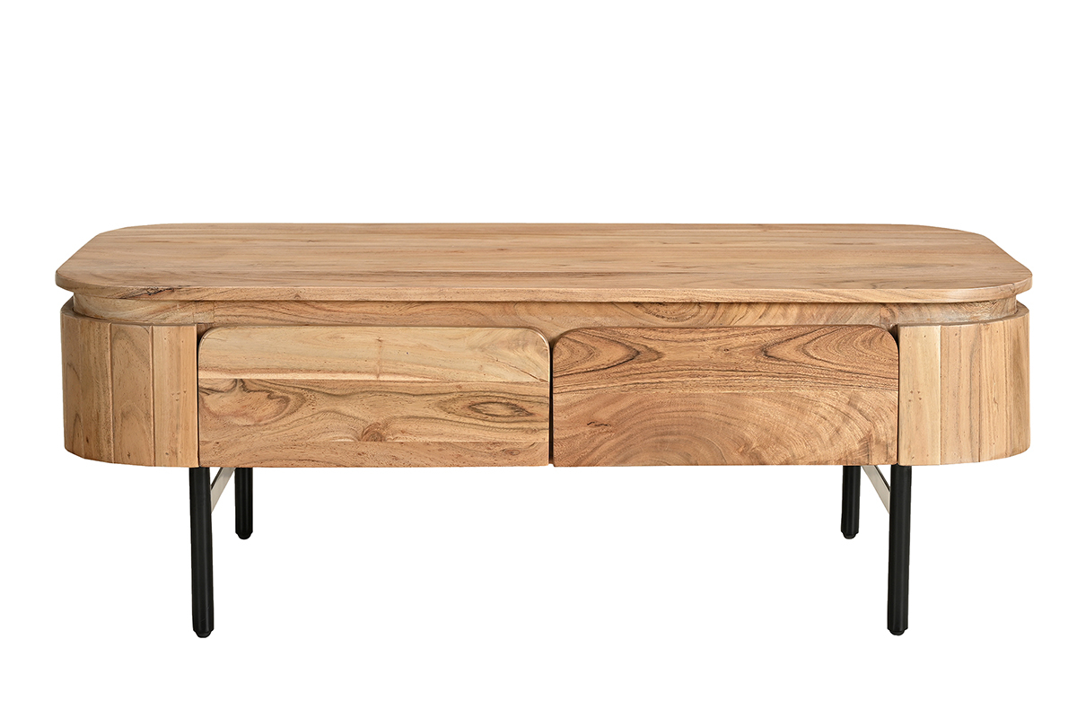 Tavolino da salotto con vani contenitori in legno massello e metallo nero 4 cassetti L115 cm NAPOLI