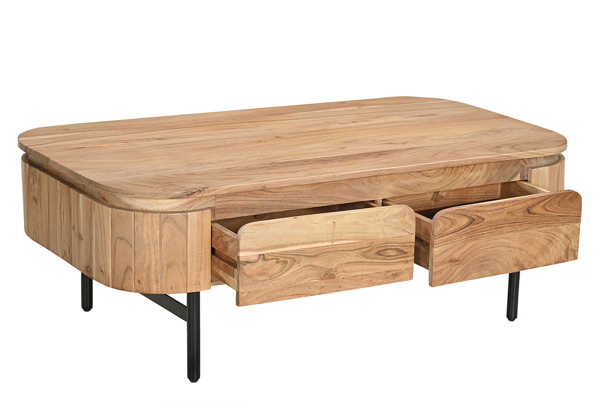 Tavolino da salotto con vani contenitori in legno massello e metallo nero 4 cassetti L115 cm NAPOLI