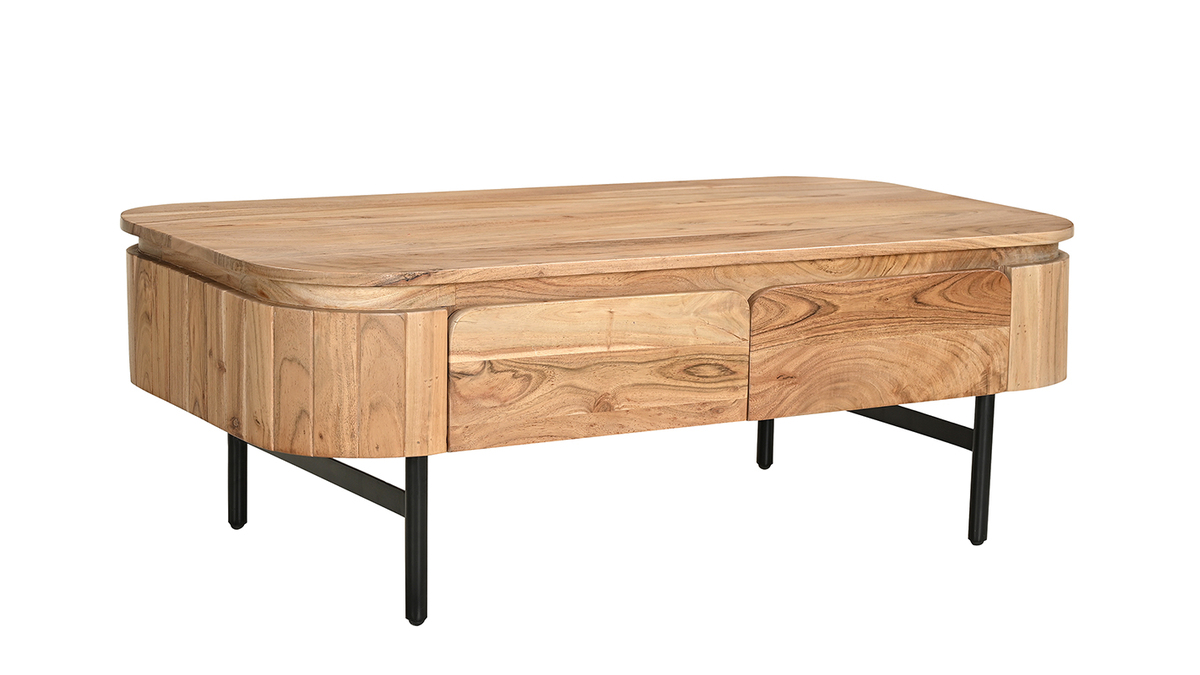 Tavolino da salotto con vani contenitori in legno massello e metallo nero 4 cassetti L115 cm NAPOLI