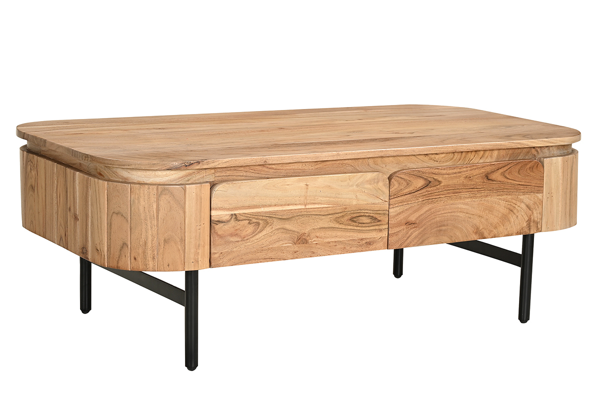 Tavolino da salotto con vani contenitori in legno massello e metallo nero 4 cassetti L115 cm NAPOLI