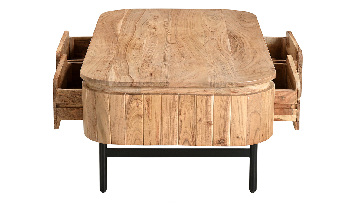 Tavolino da salotto con vani contenitori in legno massello e metallo nero 4 cassetti L115 cm NAPOLI