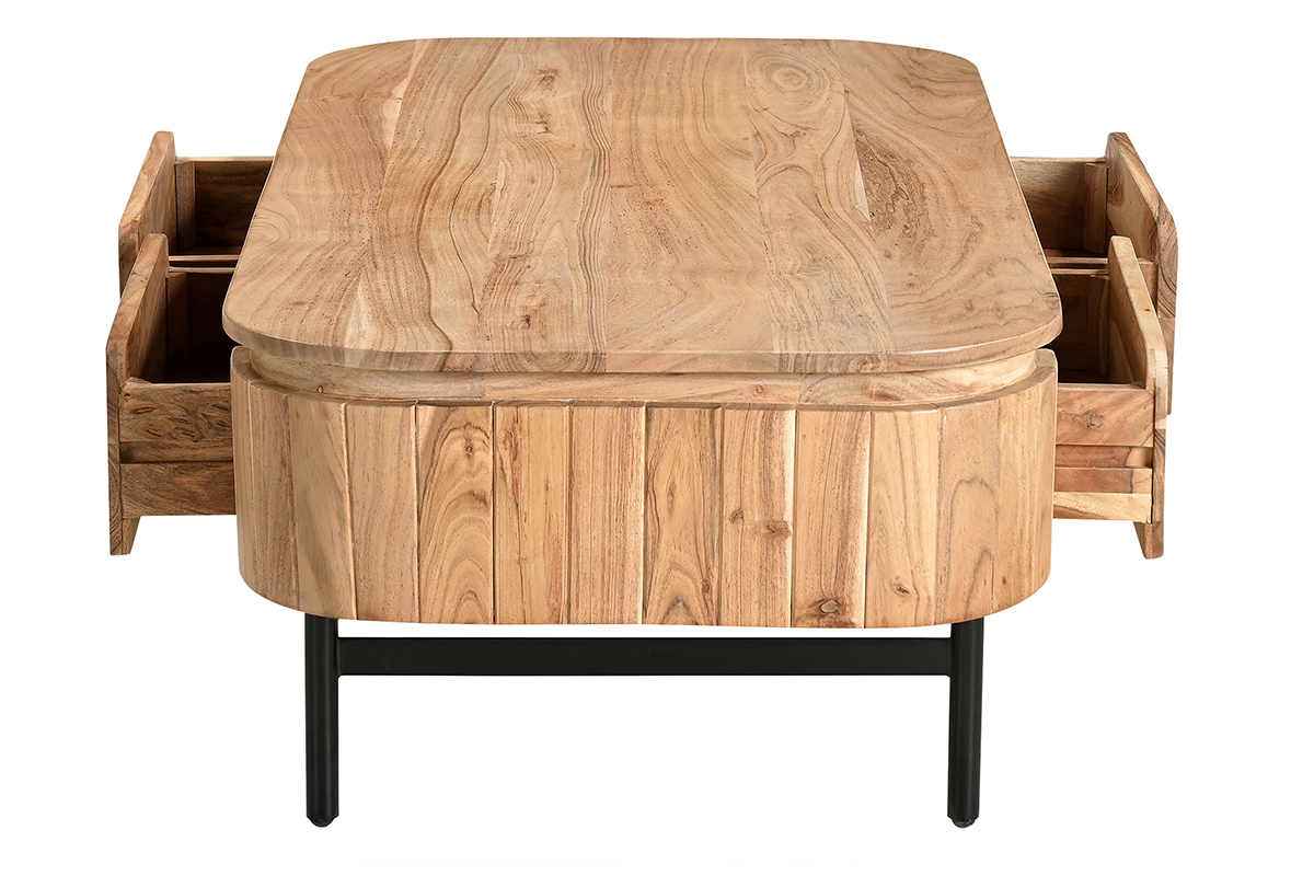 Tavolino da salotto con vani contenitori in legno massello e metallo nero 4 cassetti L115 cm NAPOLI