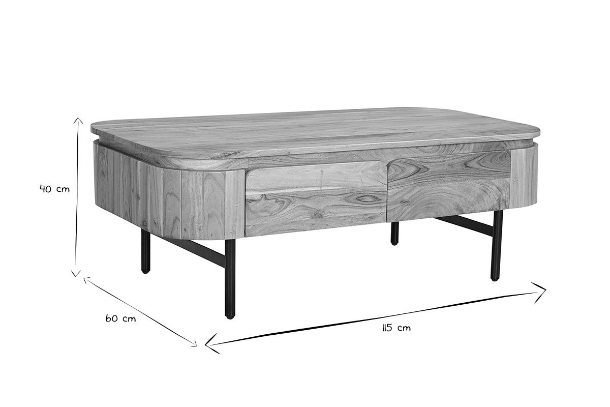 Tavolino da salotto con vani contenitori in legno massello e metallo nero 4 cassetti L115 cm NAPOLI
