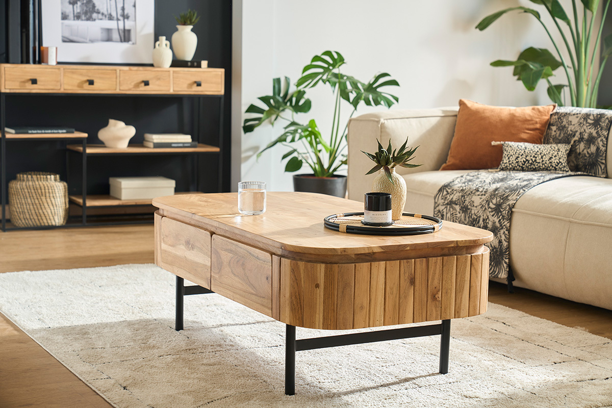 Tavolino da salotto con vani contenitori in legno massello e metallo nero 4 cassetti L115 cm NAPOLI