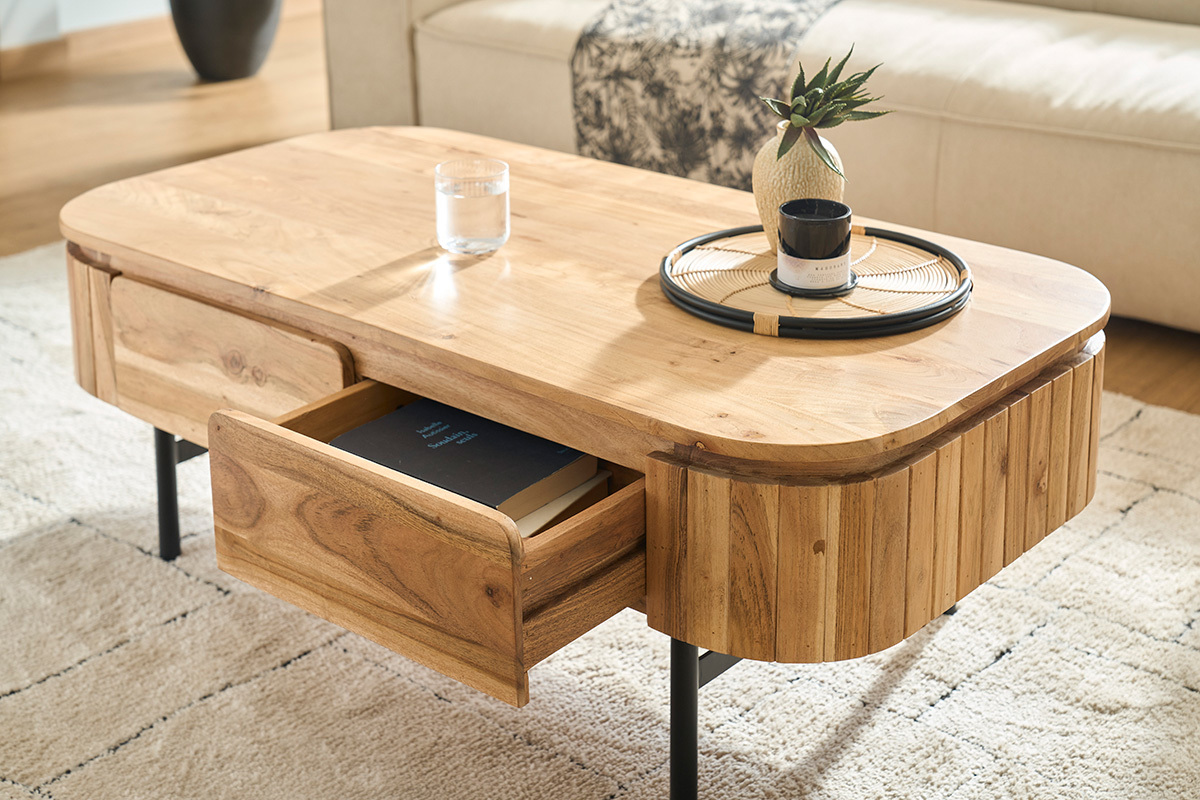 Tavolino da salotto con vani contenitori in legno massello e metallo nero 4 cassetti L115 cm NAPOLI