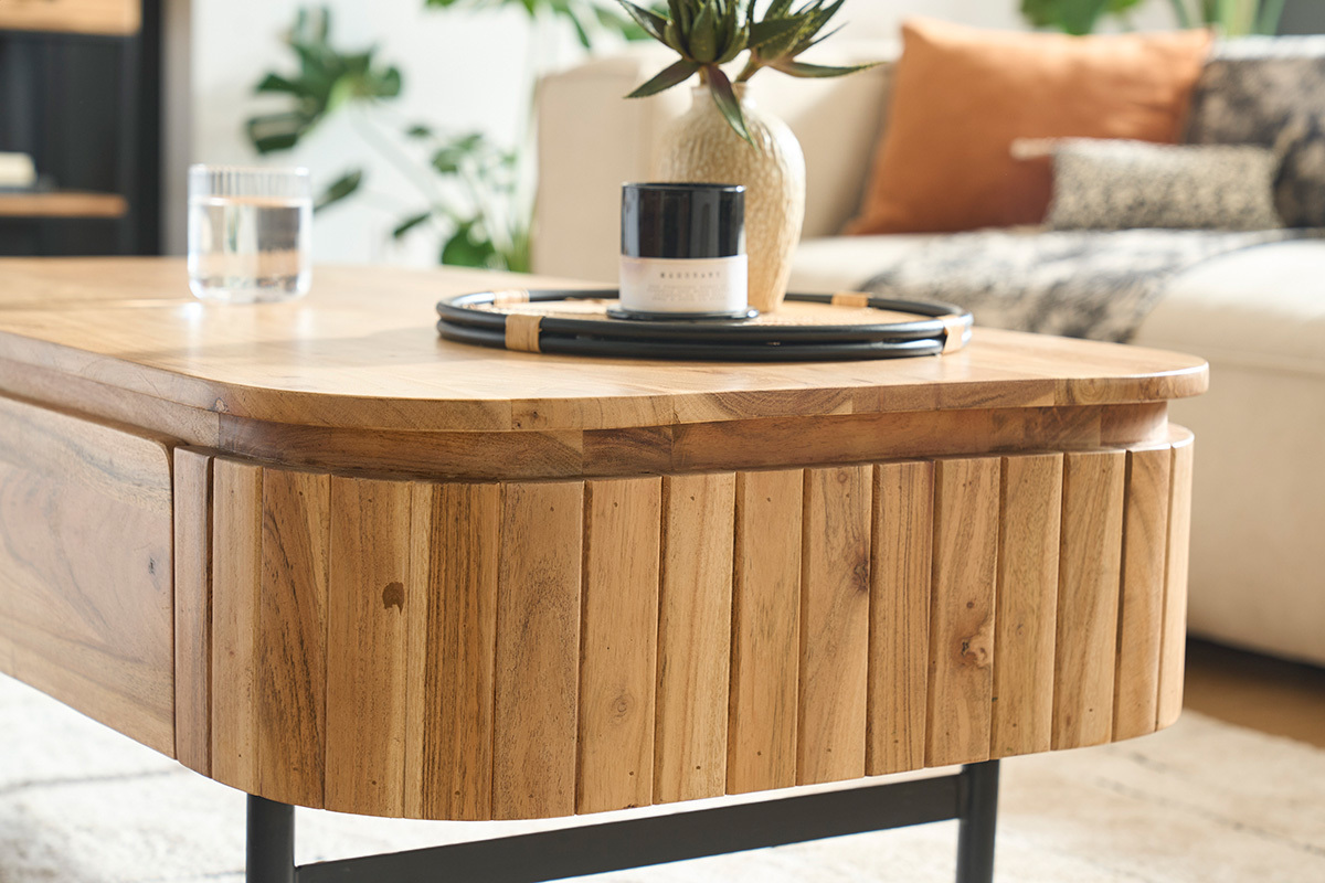 Tavolino da salotto con vani contenitori in legno massello e metallo nero 4 cassetti L115 cm NAPOLI
