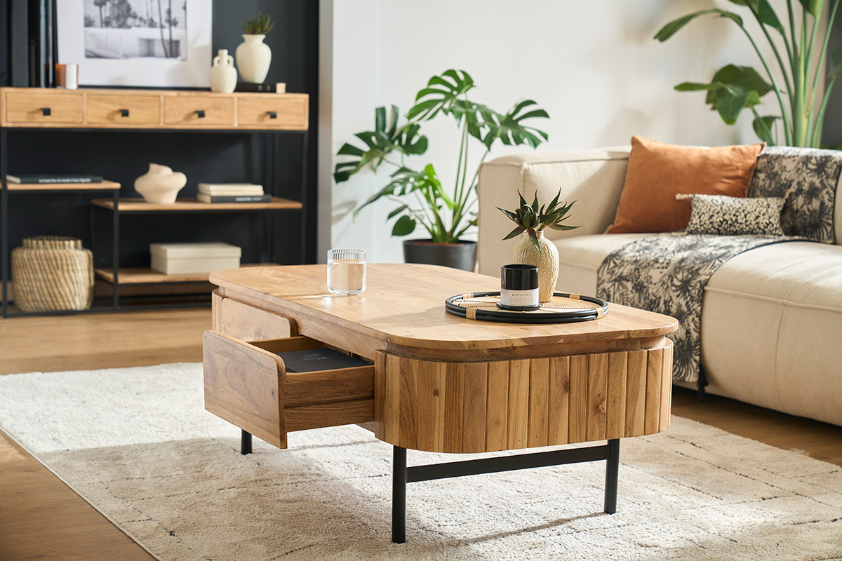Tavolino da salotto con vani contenitori in legno massello e metallo nero 4 cassetti L115 cm NAPOLI