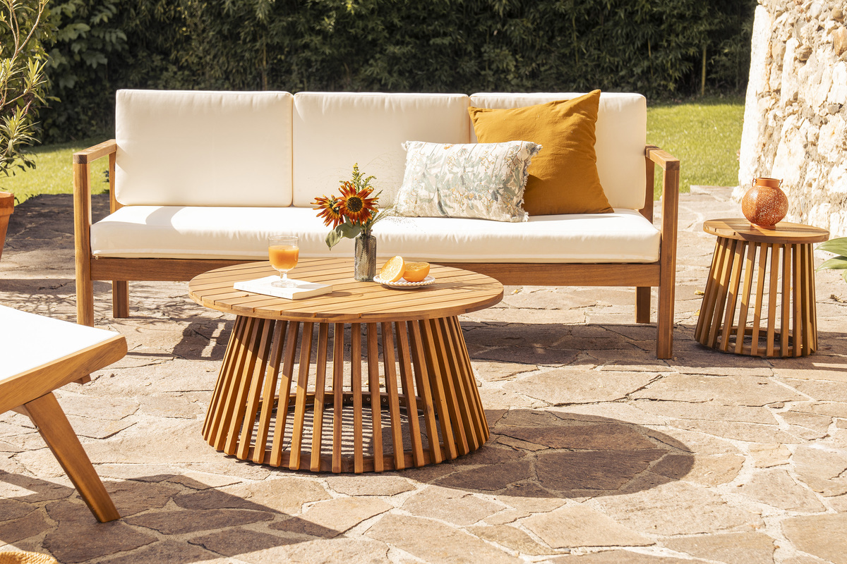 Tavolino da salotto da giardino rotondo in legno massello D40 cm - NASSAU