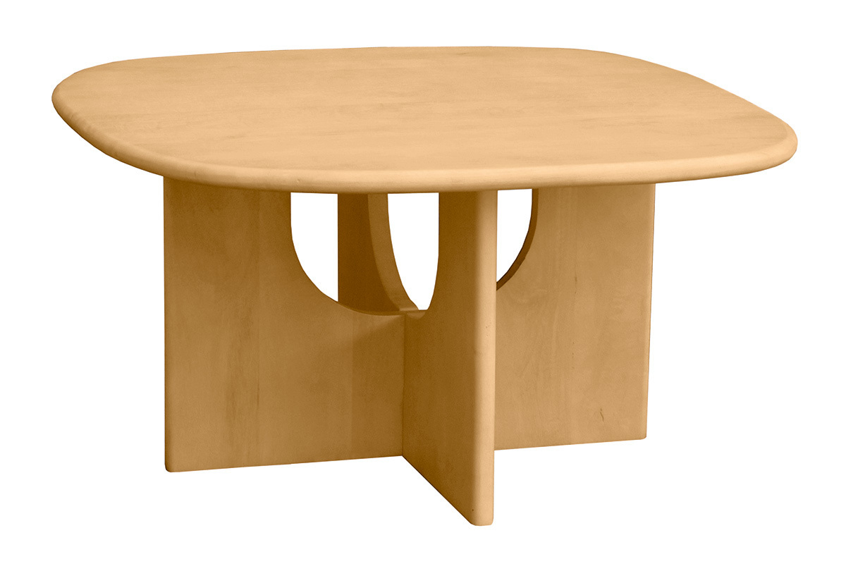 Tavolino basso quadrato in legno massello di mango, design pulito con bordi arrotondati, vista a 3/4.