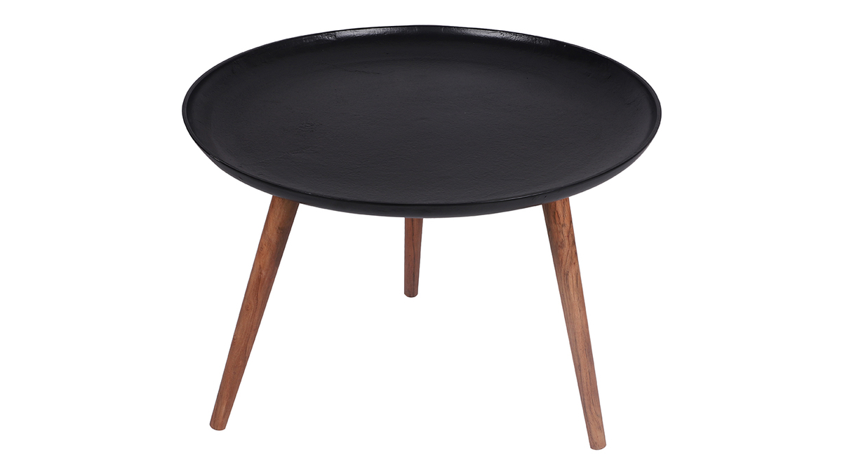 Tavolino da salotto in alluminio nero e legno di mango D75 cm LUMI