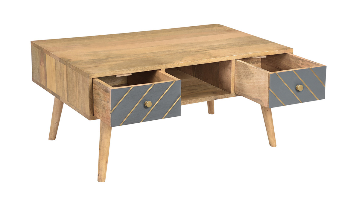 Tavolino da salotto in legno massello di mango e cassetti antracite e oro L100 cm WALTER