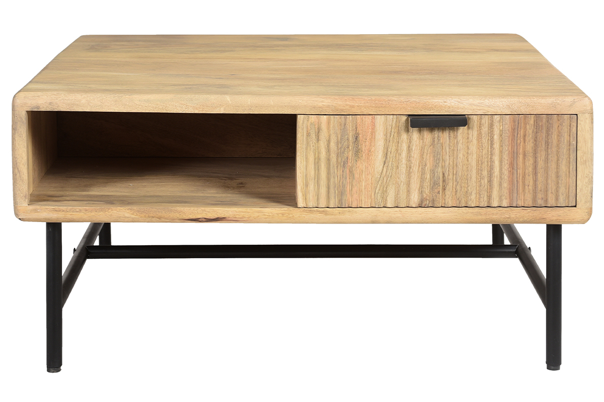 Tavolino da salotto quadrato con ripiani 2 cassetti legno chiaro massello di mango L80 cm MORISSON