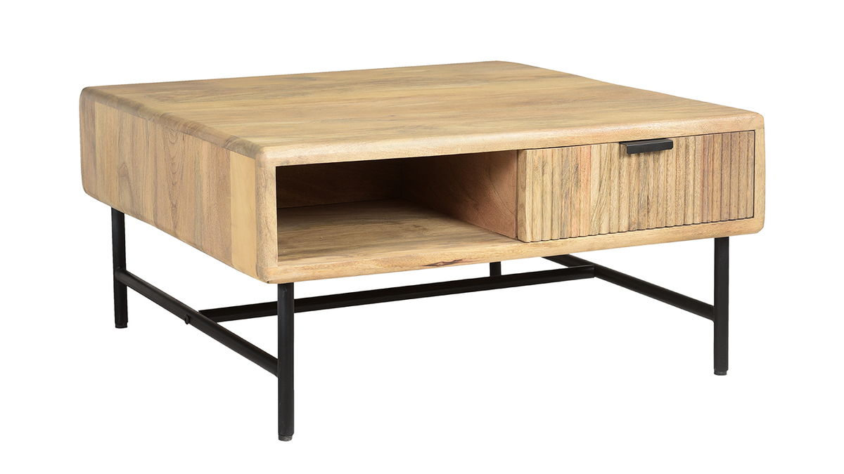 Tavolino da salotto quadrato con ripiani 2 cassetti legno chiaro massello di mango L80 cm MORISSON