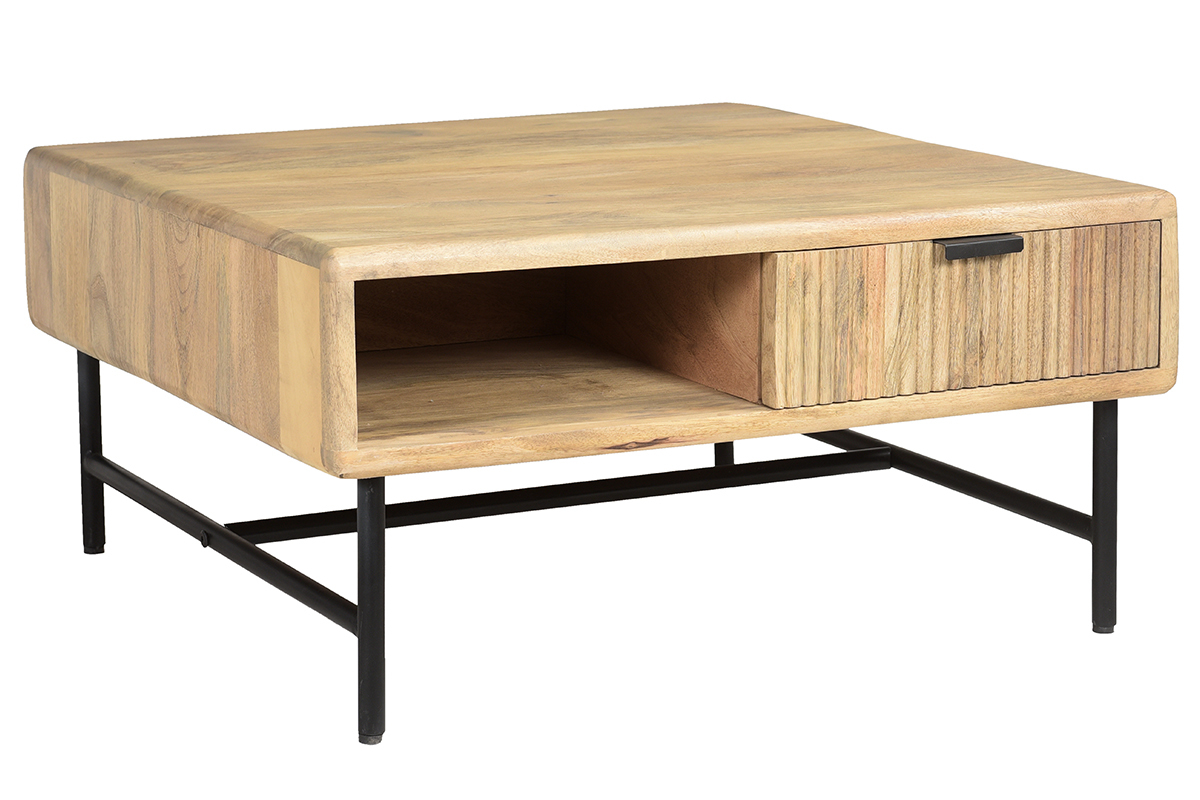 Tavolino da salotto quadrato con ripiani 2 cassetti legno chiaro massello di mango L80 cm MORISSON