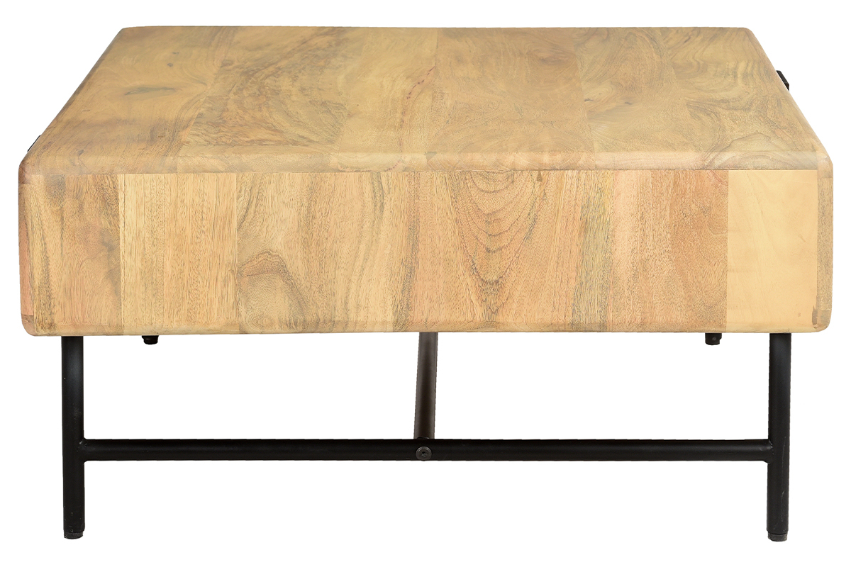 Tavolino da salotto quadrato con ripiani 2 cassetti legno chiaro massello di mango L80 cm MORISSON