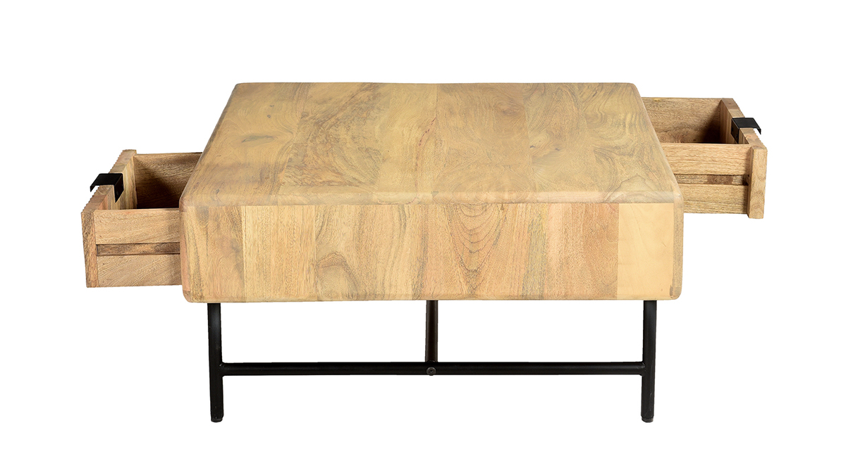 Tavolino da salotto quadrato con ripiani 2 cassetti legno chiaro massello di mango L80 cm MORISSON