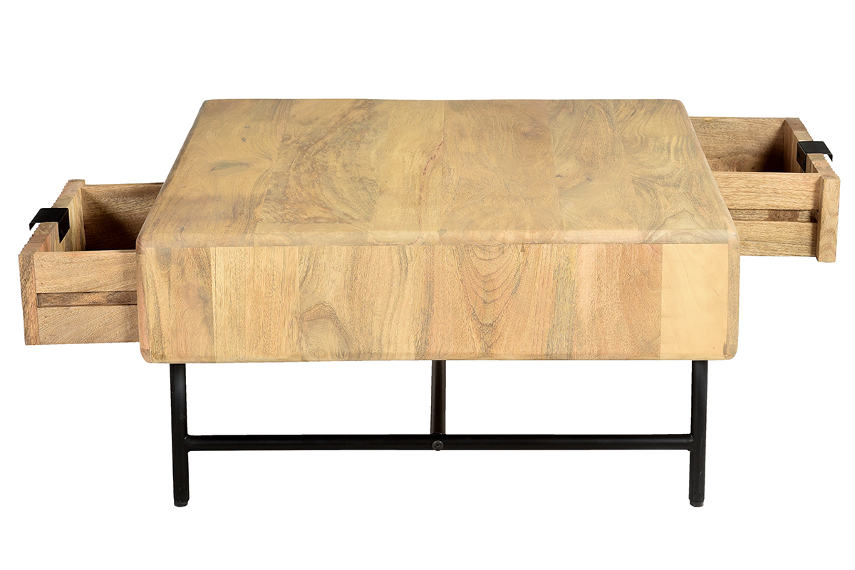 Tavolino da salotto quadrato con ripiani 2 cassetti legno chiaro massello di mango L80 cm MORISSON