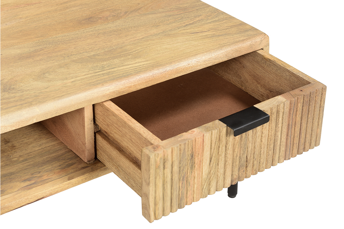 Tavolino da salotto quadrato con ripiani 2 cassetti legno chiaro massello di mango L80 cm MORISSON