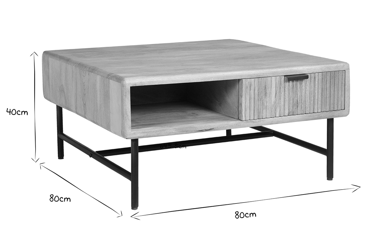 Tavolino da salotto quadrato con ripiani 2 cassetti legno chiaro massello di mango L80 cm MORISSON