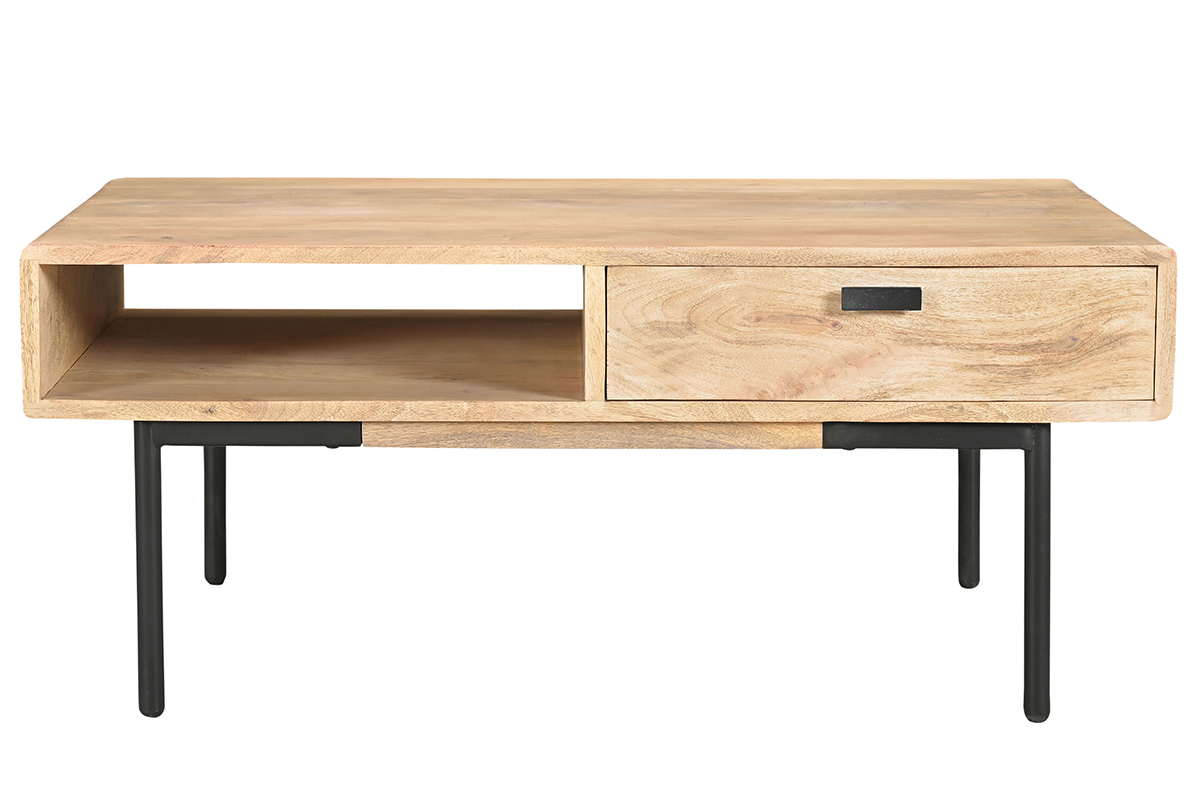 Tavolino da salotto rettangolare con ripiani 2 cassetti in legno chiaro massello di mango e metallo nero L100 cm JUDE