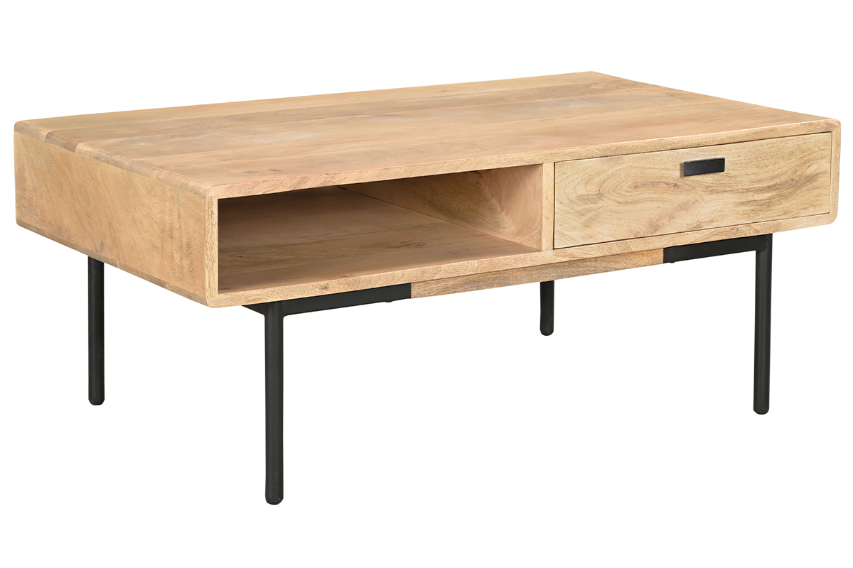 Tavolino da salotto rettangolare con ripiani 2 cassetti in legno chiaro massello di mango e metallo nero L100 cm JUDE